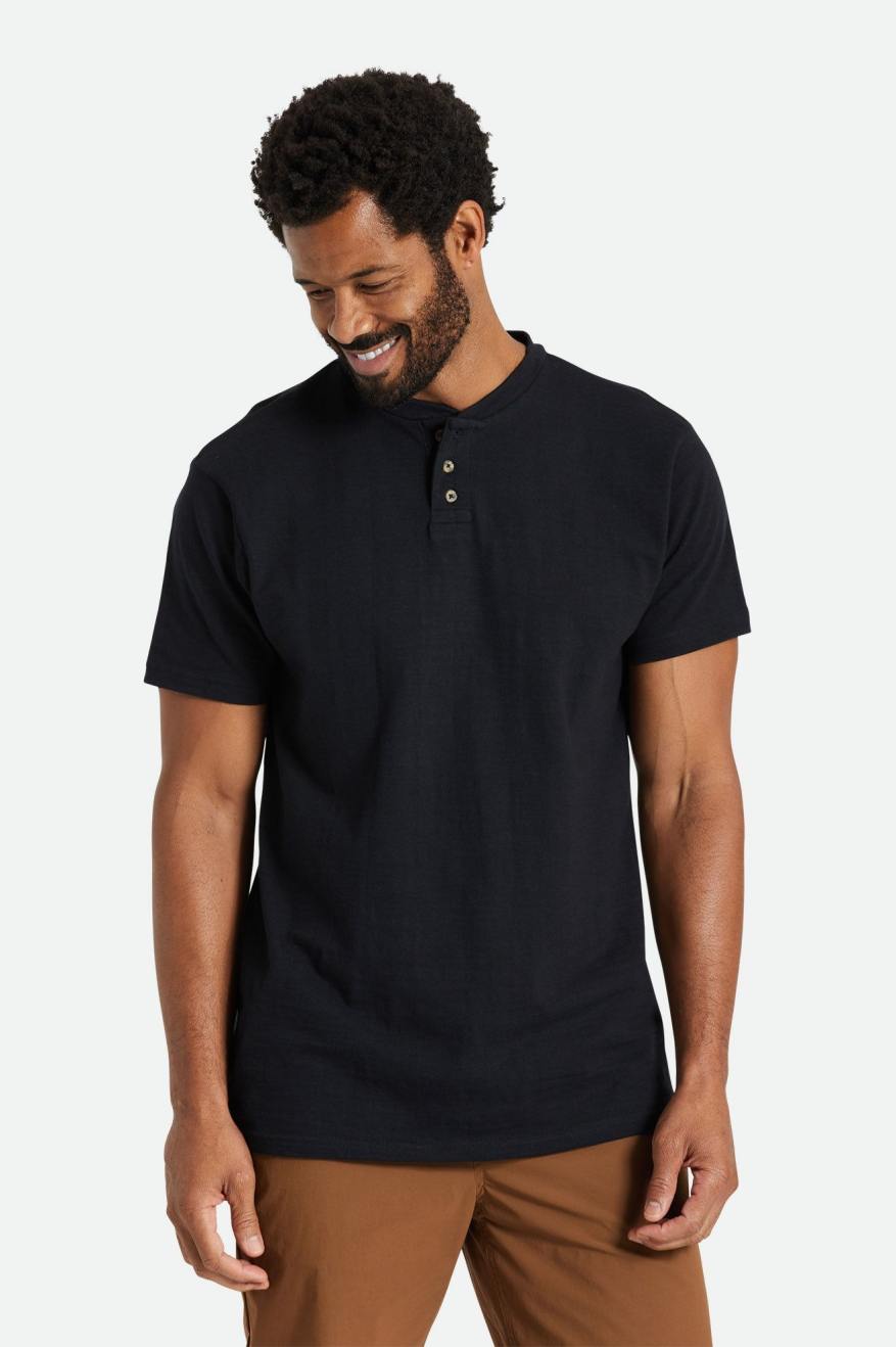 Brixton Basic Slub S/S Henley Férfi Felsők Fekete | SRFL-92805