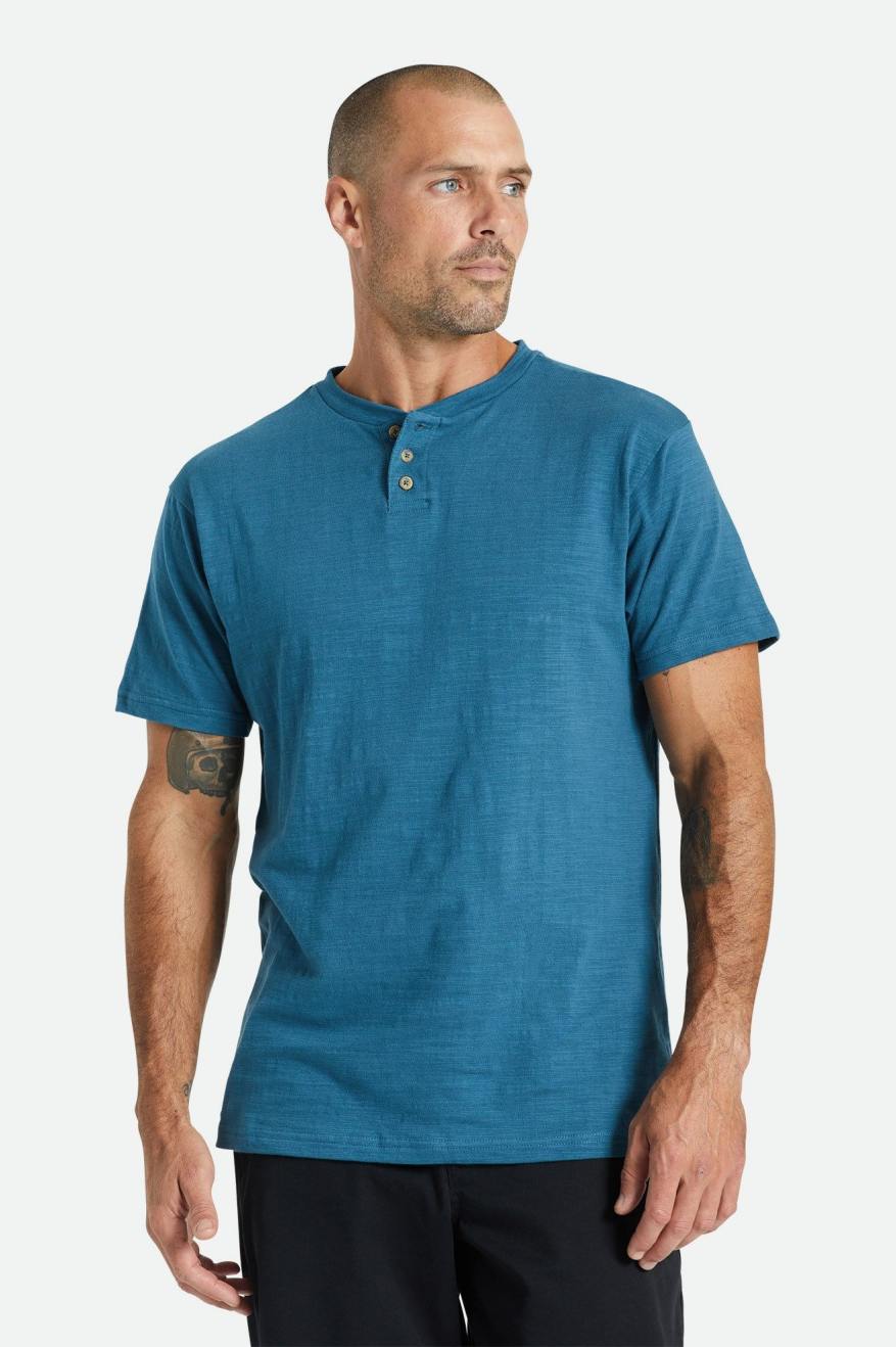 Brixton Basic Slub S/S Henley Férfi Kötöttáru Türkiz | HNCG-27519