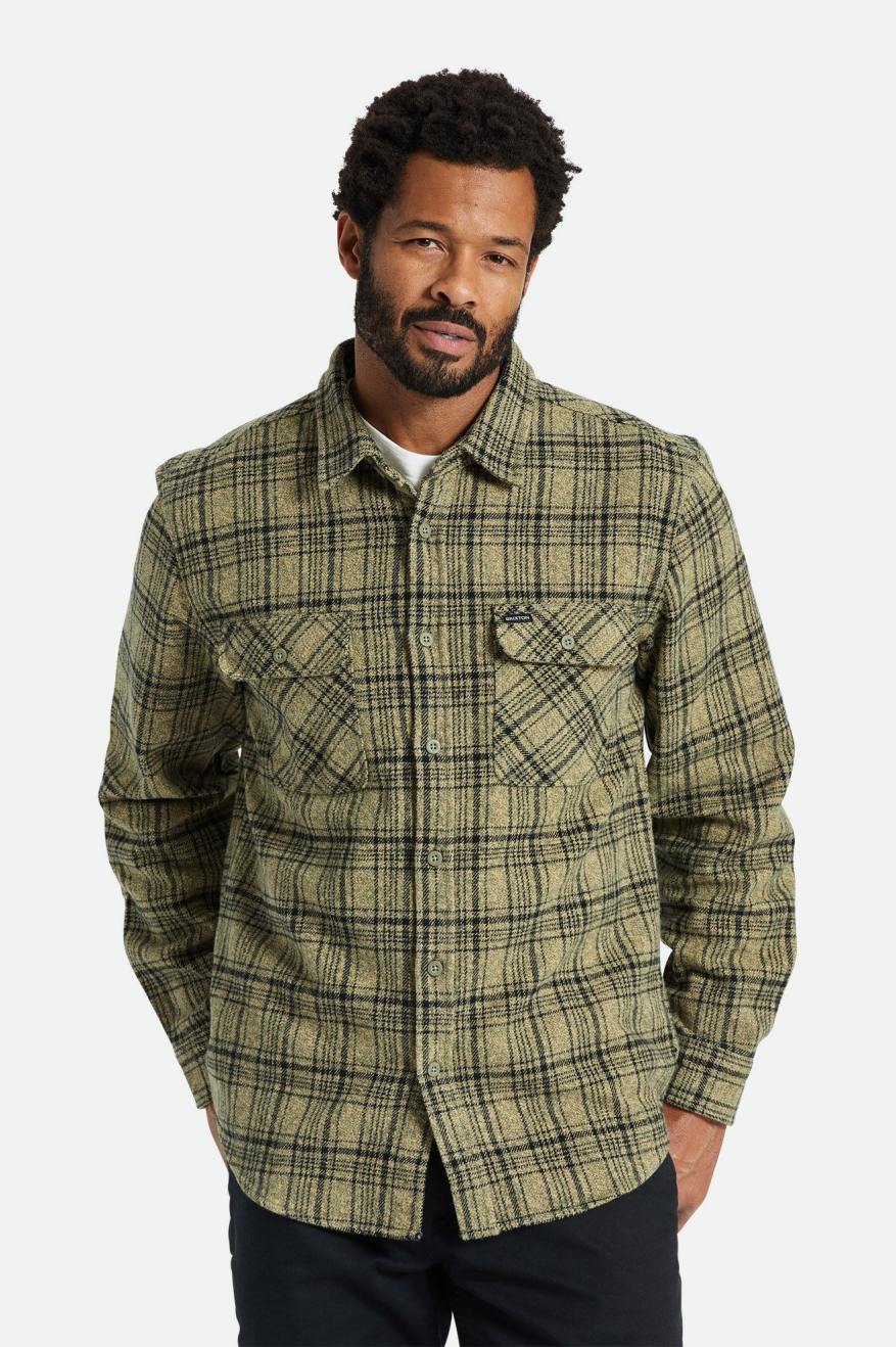 Brixton Bowery Heavy Weight L/S Férfi Flanel Felsők Olivazöld Fekete | VPMW-25073