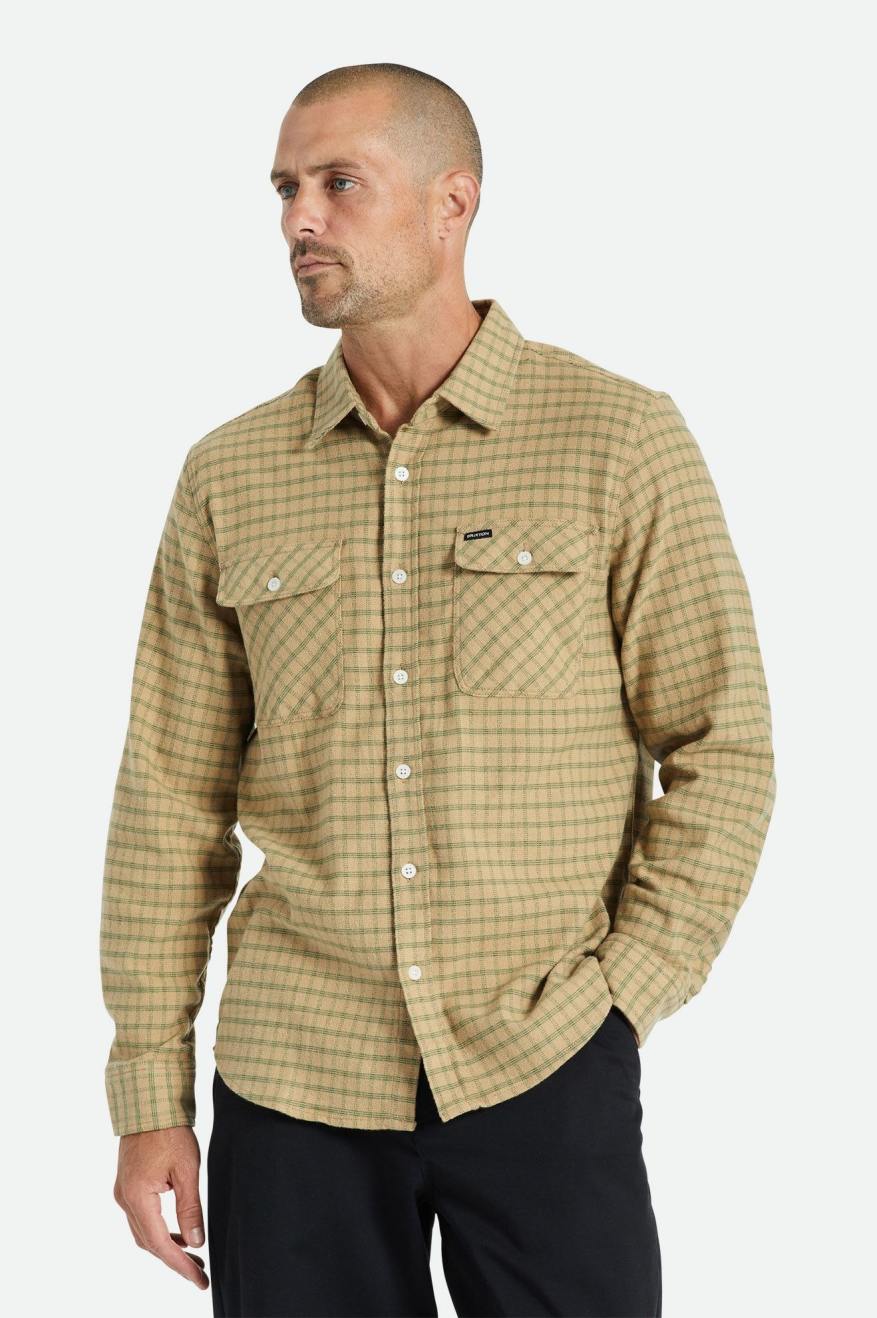 Brixton Bowery Stretch L/S Utility Férfi Flanel Felsők Bézs Olivazöld | CDGS-96142