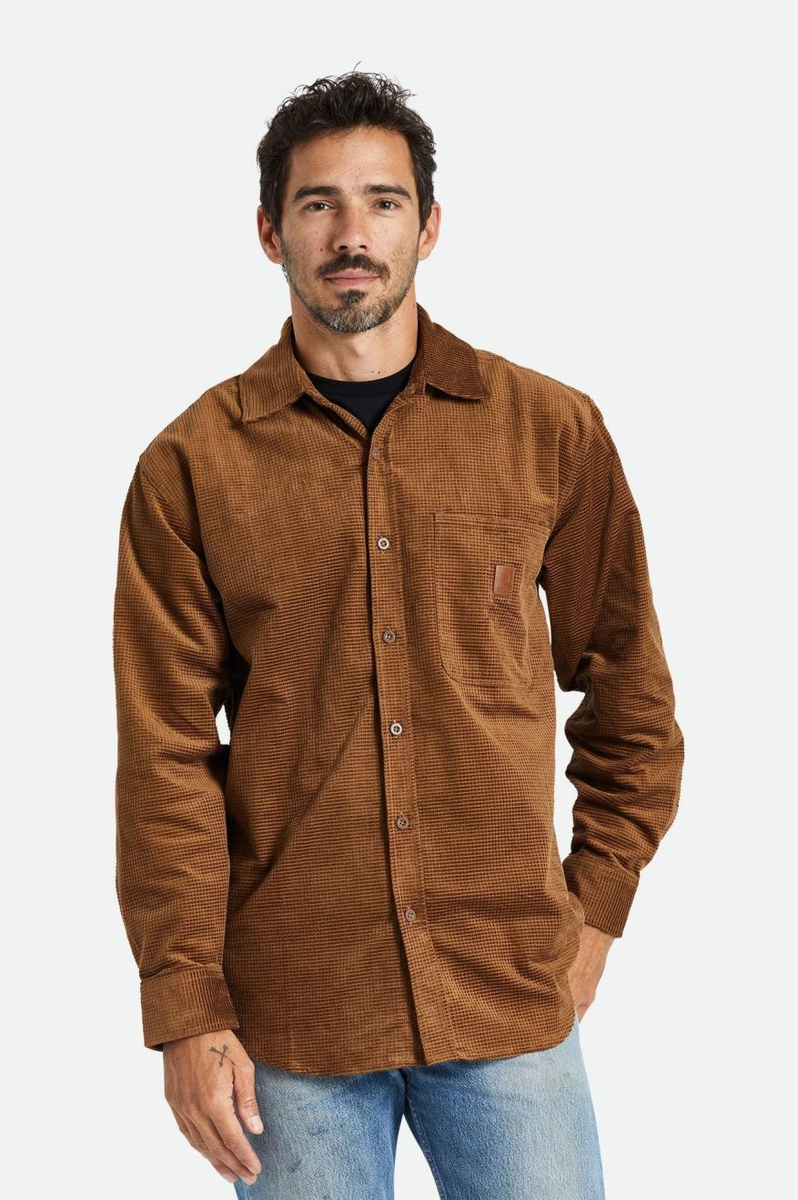 Brixton Porter L/S Waffle Corduroy Férfi Szövött Felsők Barna | HZNB-84350