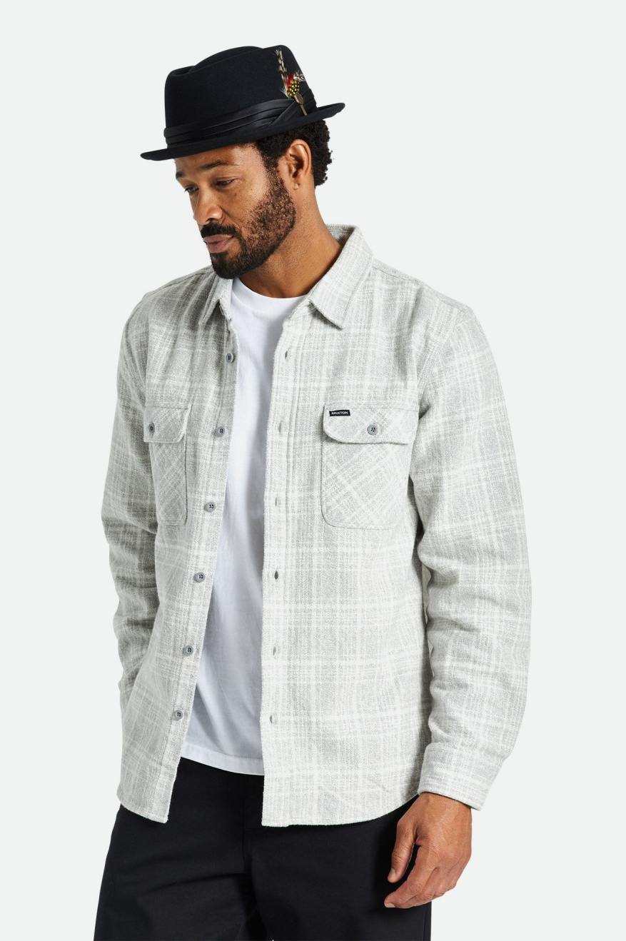 Brixton Bowery Heavy Weight L/S Férfi Flanel Felsők Szürke Fehér | ABUG-64531