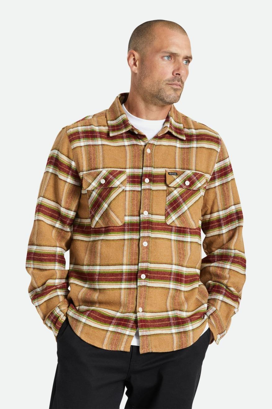 Brixton Bowery L/S Férfi Flanel Felsők Világos Barna | TZVM-75639