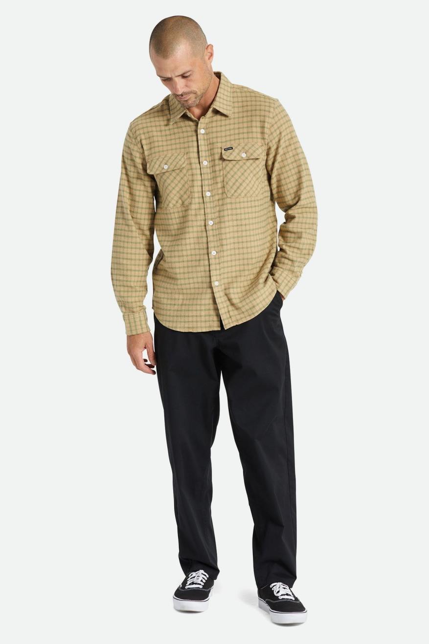 Brixton Bowery Stretch L/S Utility Férfi Flanel Felsők Bézs Olivazöld | CDGS-96142